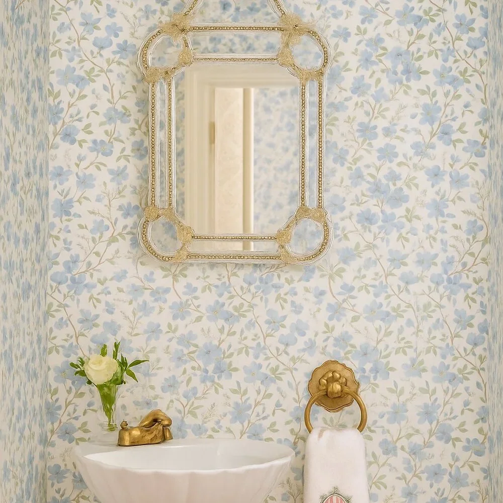 1970s Vintage Blue Flower Motif Wallpaper - Picture 7 of 7